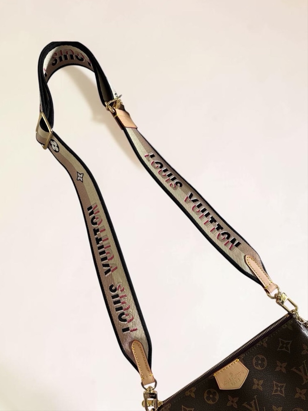 Cream/Black/Pink Monogram Adjustable Crossbody Bag Strap | Gold Tone | New